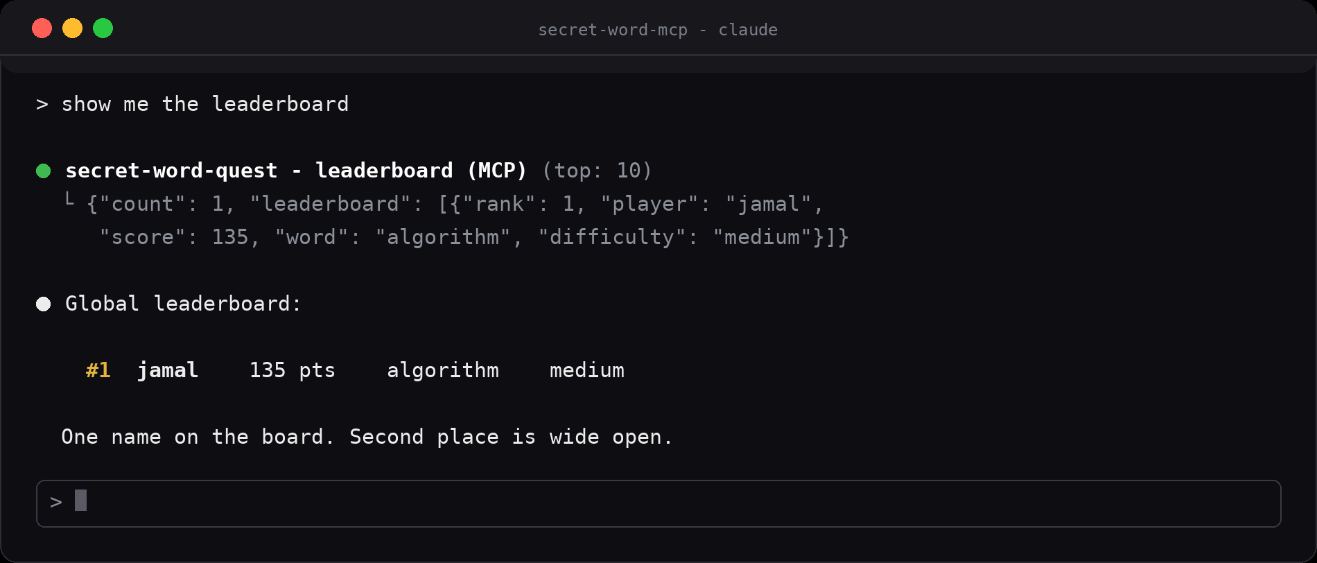 Claude Code calling the leaderboard MCP tool. The global board has a single entry: jamal, 135 points, for solving "algorithm" on medium difficulty.